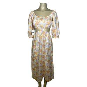 Quiksilver Kara Floral Cut Out Dress Womens Small Off White Puff Sleeve Linen